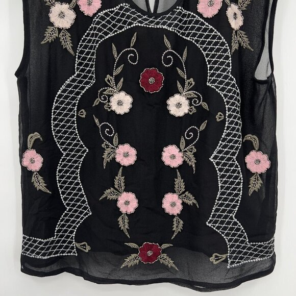 GUESS Embroidered /Embellished Sheer Black/Floral Sleeveless Top Women's XL - Picture 4 of 10